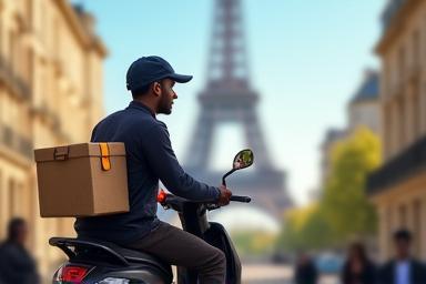Coursier à scooter avec un colis devant la Tour Eiffel
